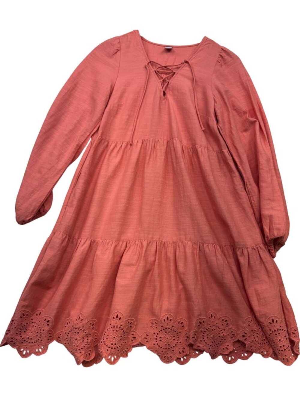 Old Navy Women's Tiered Lace-Up Short Swing Dress Eyelet Hem Size XS Coral